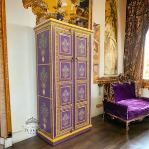 en bois peint à la main floral en bois/rangement latéral/armoire en bois | Table de chevet, table d&#39;appoint, peinte à la main, grande armoire en bois/armoire vintage