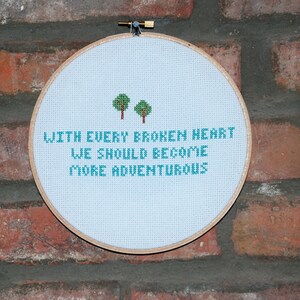 Rilo Kiley Lyrics Cross Stitch, "More Adventurous" Tree Hoop Art