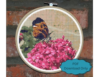 Butterfly Flower Cross Stitch Pattern, Floral Nature Embroidery Chart (PDF Download)