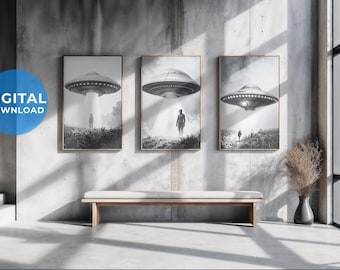 UFO Themed Digital Poster - 24x32 inch Sci-Fi Alien Wall Art - Retro Space Printable Art for Home Decor