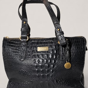 Brahmin Black Croc Embossed Leather Satchel Shoulder Bag Gold Hardware Zip Top