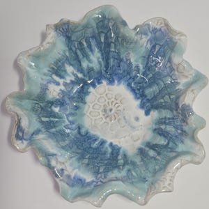 Vintage Studio Pottery Bowl Blue Glaze Coastal Decor Handmade Ceramic Ocean Inspired Dish Artisan Ruffled Edge