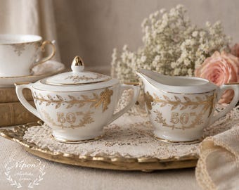 Noritake Nippon 50th Anniversary Sugar Bowl Creamer Set Gold Trim Japan Vintage Fine China Tea Set