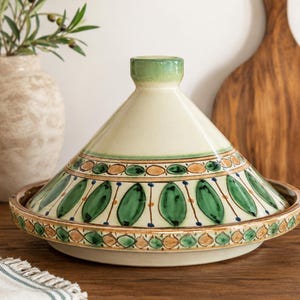 Handmade Studio Pottery Tagine | Signed Artisan Ceramic Covered Serving Dish | Hand Painted Green Pottery | Moroccan Style Decor