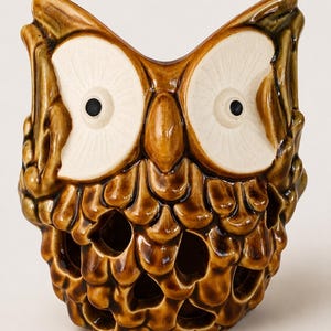May include: A brown glazed ceramic owl figurine featuring large, cream-colored circular eyes with black pupils. The body has a textured, layered feather pattern with several open, hollow cutouts throughout the lower section of the sculpture.