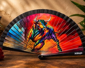 Vintage Málaga Spain Bull Folding Hand Fan Colorful Spanish Flamenco Decor Rainbow Toro Fan Boho Wall Art Travel Souvenir