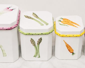 Horchow Italian Ceramic Canister Set of 4 | Hand Painted Vegetable Kitchen Canisters with Lids | Farmhouse Countertop Storage Decor