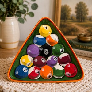 Clay Art Rack 'Em Up Pool Ball Triangle Serving Tray | Hand Painted StoneLite Billiards Platter | Game Room Bar Decor | Man Cave Gift