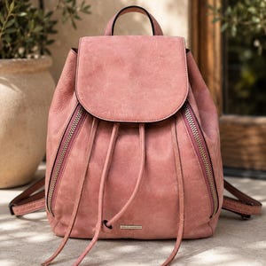 Rebecca Minkoff Pink Leather Backpack | Blush Leather Drawstring Bag | Designer Backpack Purse | Everyday Travel Bag zdjęcie 2