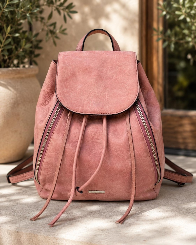 Rebecca Minkoff Pink Leather Backpack | Blush Leather Drawstring Bag | Designer Backpack Purse | Everyday Travel Bag zdjęcie 2
