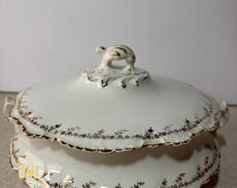 Vintage Homer Laughlin Hudson Covered Vegetable Dish Gold Trim | White Ironstone Serving Dish w Lid | Farmhouse Cottage Tableware