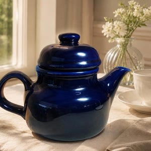 May include: A glossy, deep cobalt blue ceramic teapot with a rounded body, a curved handle, a short spout, and a matching lid. The teapot features a smooth, reflective finish that catches the light, showcasing its solid, vibrant color and classic shape.