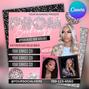 Prom Booking Flyer: Beauty Appointments Canva Template (Digital Download)