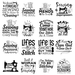 Puede incluir: Una colección de diseños en blanco y negro con temática de costura, con varias citas e ilustraciones. Los diseños incluyen máquinas de coser, carretes de hilo, tijeras y texto como "Sewing Mends the Soul" y "Sewing is My Superpower".