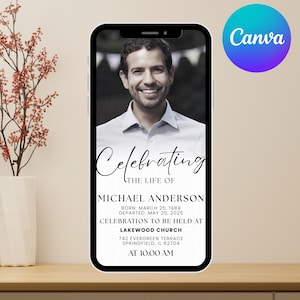 May include: A smartphone displays a memorial announcement. The announcement features a smiling man's photo, the text "Celebrating the Life of Michael Anderson," and details about the memorial service, including the date, time, and location.