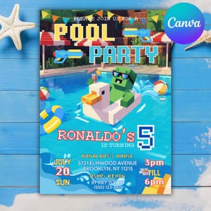 Puede incluir: Invitación a una fiesta en la piscina con gráficos pixelados. La invitación incluye el texto "Pool Party" y "Ronaldo's is turning 5". La invitación también incluye la fecha, la hora y el lugar de la fiesta.
