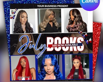 Folleto de reservas de julio: Servicios de peluquería, pestañas, cejas, uñas y pelucas (Descarga digital editable en Canva)