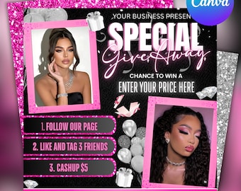 Beauty Giveaway Flyer: Hair, Lashes, Nails, Makeup (Canva Editable Template)