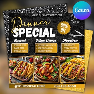 Może przedstawiać: Czarne i złote menu specjalne na kolację z napisem "Dinner SPECIAL" dużymi białymi literami. Menu zawiera opcje deserów, dań głównych i przystawek, ze zdjęciami potraw. Menu zawiera również tekst "50% OFF" i numer telefonu.