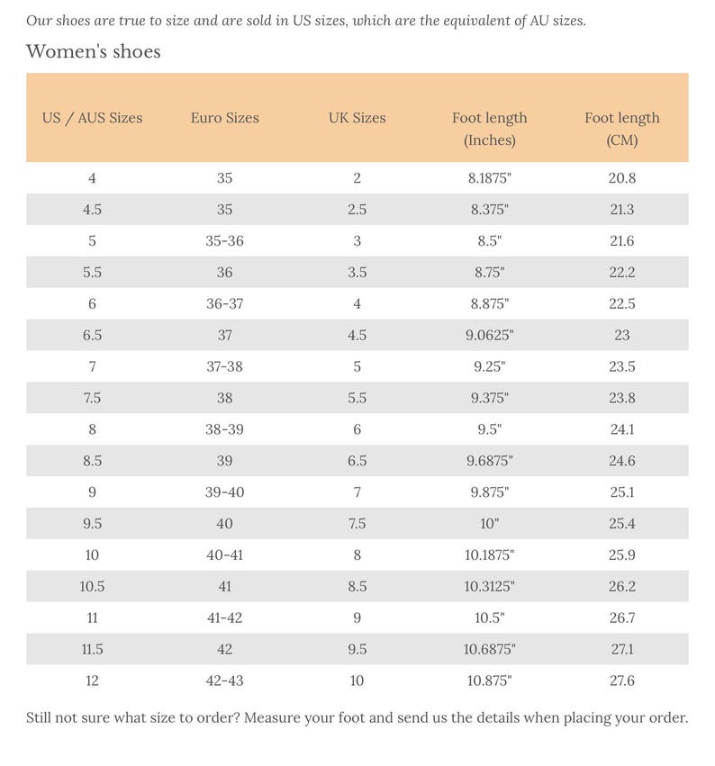 Puede incluir: Tabla de conversi&oacute;n de tallas de zapatos para mujer, mostrando tallas US/AUS, Euro y UK, con longitudes de pie correspondientes en pulgadas y cm. La tabla incluye tallas de US 4 a 12.