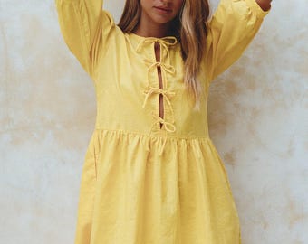 Beatrice Puff Sleeve Linen Mini Dress (Sale)