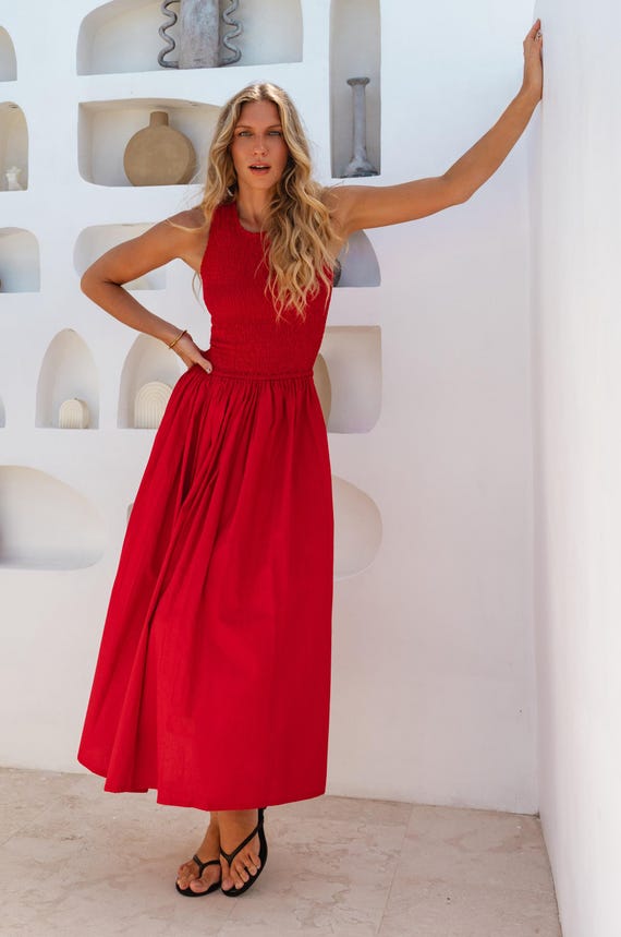 smocked cotton midi dress Organic Cotton Poplin Smocked Midi Dress