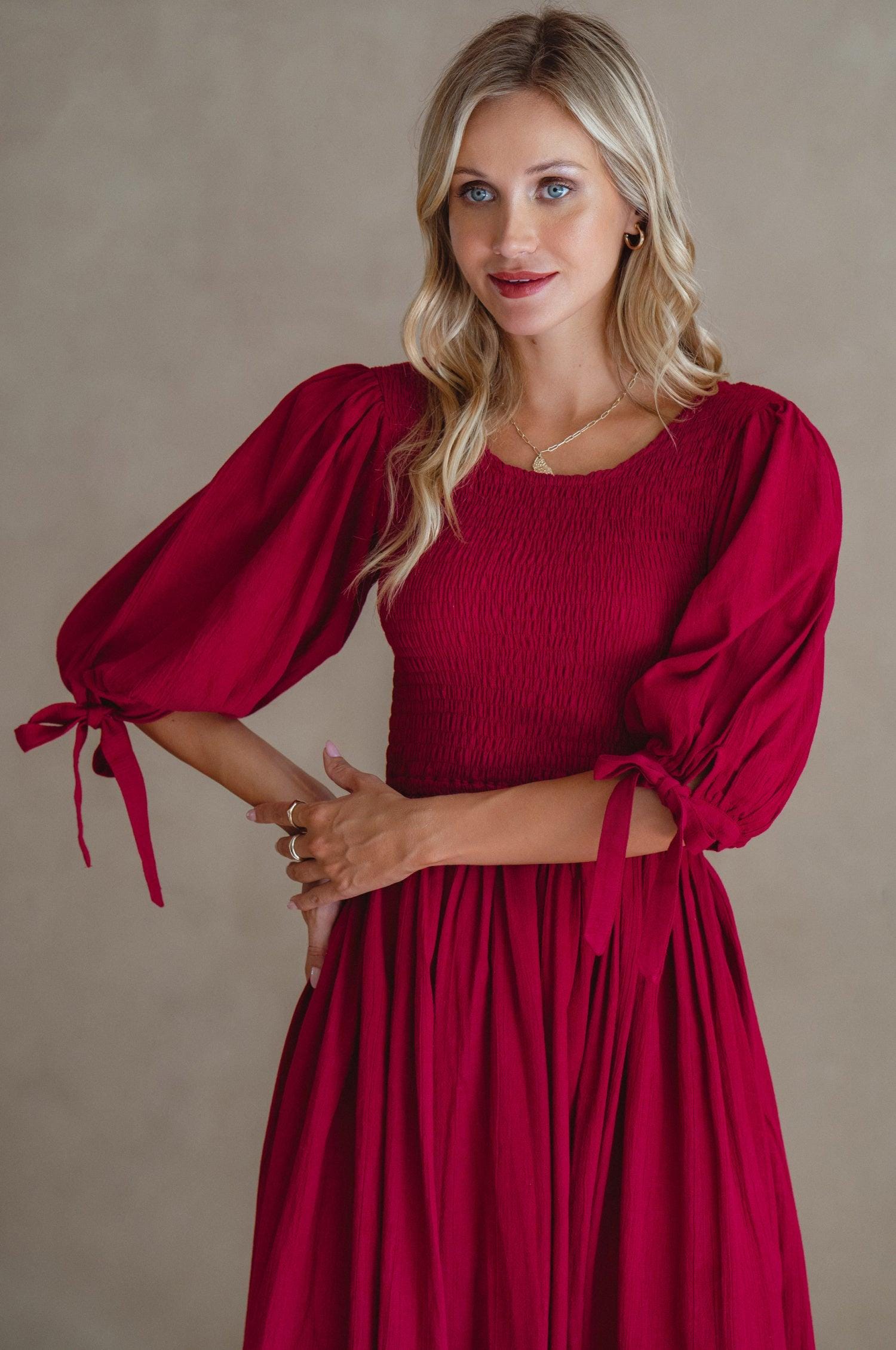 Freya Smocked Linen Midi Dress - Sangria / S