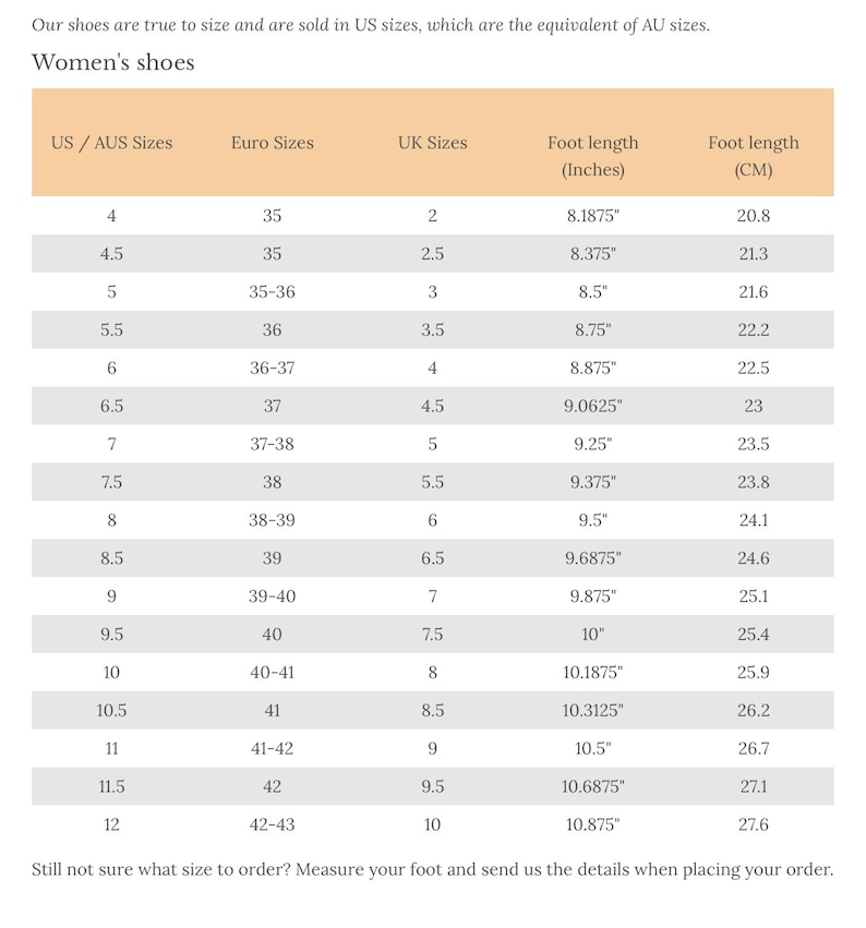 Puede incluir: Tabla de conversi&oacute;n de tallas de zapatos para mujer, mostrando tallas US/AUS, Euro y UK, con longitudes de pie en pulgadas y cm. La tabla incluye tallas de US 4 a 12.