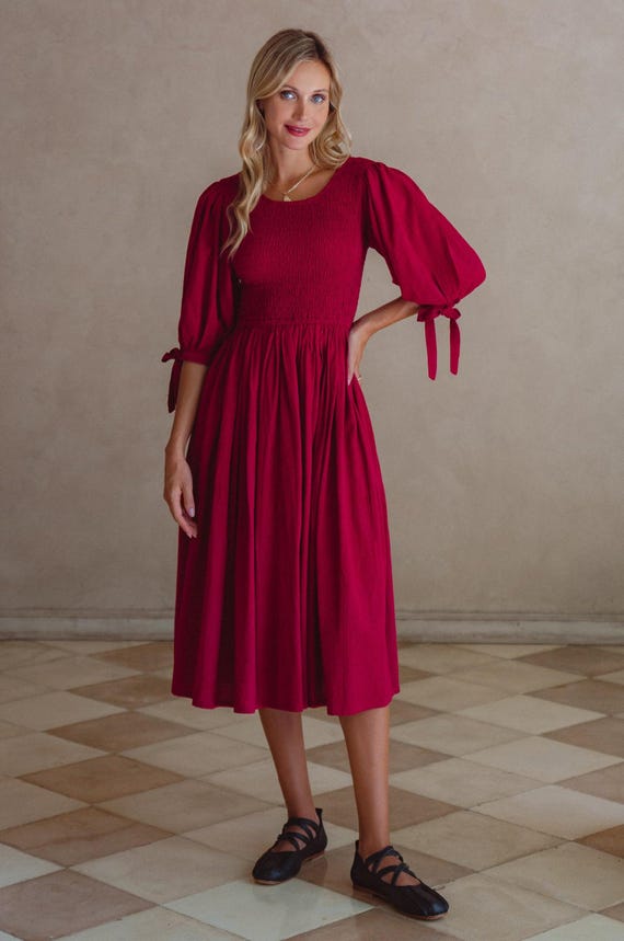 Freya Smocked Linen Midi Dress - Sangria / S Freya Smocked Linen Midi Dress - Sangria / S