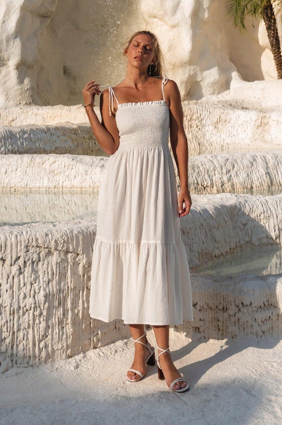 Paradiso Strappy Linen Midi Dress - Off White / S Paradiso Strappy Linen Midi Dress - Off White / S
