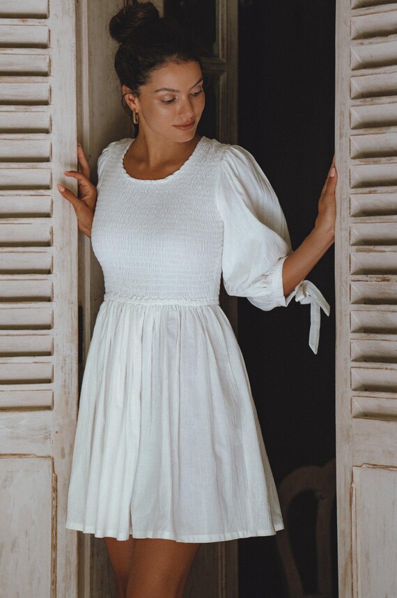 Jolie Puffed-Sleeve Linen Mini Dress - White / S