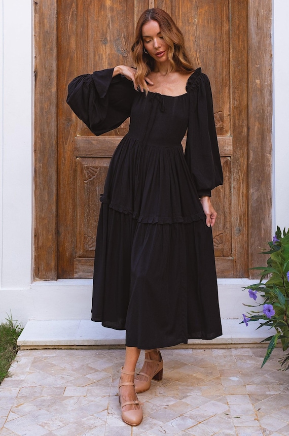 chinese dress ladies Black Long Sleeve Midi Dress - Large