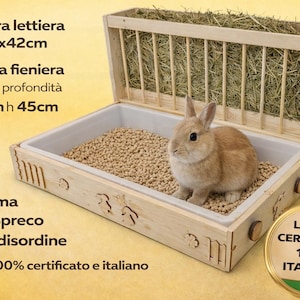 Premium Extra Large Anti-Mess Anti-Waste Wooden Hay Feeder with Litter Box for Rabbits.  Natural Wood 100% Handmade in Italy
