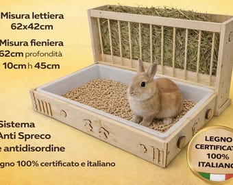 Comedero de heno de madera extragrande premium, anti-desperdicio y anti-ensucio, con arenero para conejos. Madera natural, 100% hecho a mano en Italia.