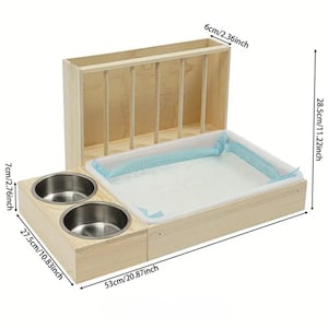 May include: A wooden pet habitat with two stainless steel bowls, a rectangular tray, and a hay rack. The habitat measures 53cm long, 27.5cm wide, and 28.5cm tall. The bowls are 7cm deep.