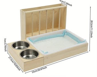 Râtelier à foin et bac à litière pour lapins – Râtelier à foin en bois avec bols