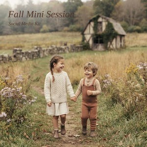 May include: A child wearing a cream-colored cable knit sweater and skirt, and another child in a rust-colored knit overall set. The text "Fall Mini Session Social Media Kit" is visible in the upper left corner of the image.