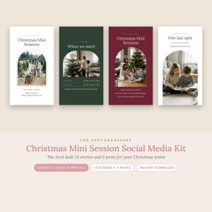 Op de afbeelding: Een set van vier verticale social media sjablonen voor kerst mini-sessies, voorzien van boogvormige fotokaders, tekstplaatsaanduidingen en vakantiebeelden. De ontwerpen bevatten witte, donkergroene en dieprode achtergronden met bewerkbare tekst.