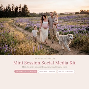 以下が含まれることがあります： 「For Photographers Mini Session Social Media Kit」と題されたデジタルマーケティングテンプレートセット。InstagramやFacebook用の12のストーリーと5つの投稿が含まれています。編集可能なCanvaテンプレートと即時ダウンロードオプションが用意されています。