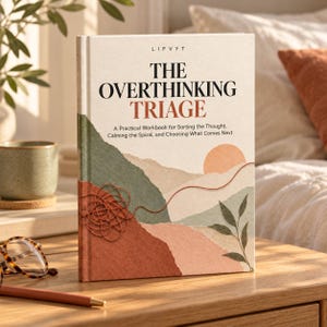 Può includere: Un libro con copertina rigida intitolato The Overthinking Triage di Lifvyt. La copertina presenta un'illustrazione paesaggistica in toni tenui di verde, terracotta e pesca, con un grafico a filo aggrovigliato e un motivo a foglie.