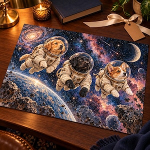 May include: A rectangular jigsaw puzzle featuring three dogs in astronaut suits floating in space. A golden retriever, a black Labrador, and a corgi are depicted wearing clear glass helmets against a backdrop of a nebula, stars, and a crescent moon.