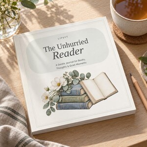 May include: A square book titled The Unhurried Reader: A Gentle Journal for Books, Thoughts & Quiet Moments. The cover features a watercolor illustration of three stacked books, an open book, white flowers, and green eucalyptus leaves on white.