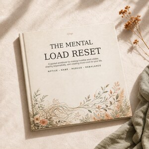 Peut inclure: Un cahier d'exercices carré intitulé The Mental Load Reset avec une couverture couleur crème. Le texte indique : A guided workbook for making invisible work visible, sharing responsibility, and creating more room for your life. NOTICE, NAME, REDUCE, REBALANCE.