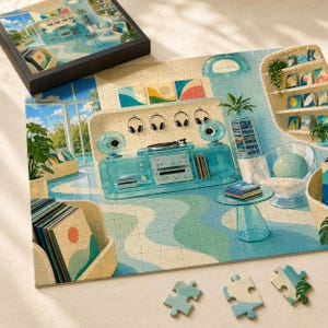 May include: A jigsaw puzzle depicting a retro-futuristic room with a translucent blue media console, a turntable, headphones, and a record collection. The scene features wavy floor patterns, a clear chair, and shelves filled with colorful art prints.
