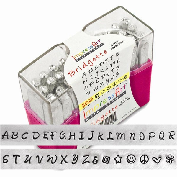 FREE SHIPPING  - BRIDGETTE Alphabet - 3mm Uppercase and Bonus Stamps - Spiral - Happy Face - Star - Peace - Heart - Flower