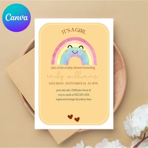 Baby Shower Invitation for Girl, Boho Rainbow Illustration, Editable Canva Template, Instant Download