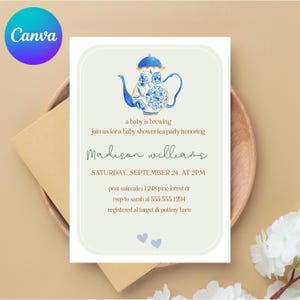 Invitación para baby shower: Un bebé en gestación, diseño inspirado en una fiesta de té, archivo Canva editable, descarga instantánea