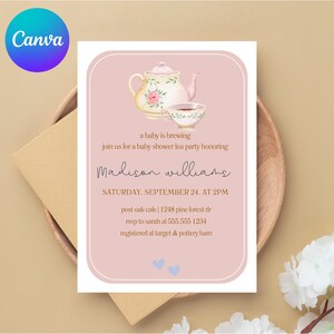 Invitación &quot;Un bebé está en desarrollo&quot;, invitación para baby shower con té, plantilla editable, descarga digital instantánea