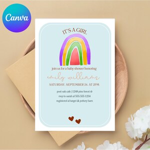 Rainbow Baby Shower Invite, Boho Style for Girl, Editable Canva Template, Printable Digital File