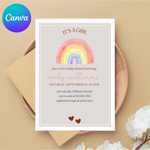 Boho Rainbow Baby Shower Invitation for Girl, Editable Canva Template, Digital Invite Download